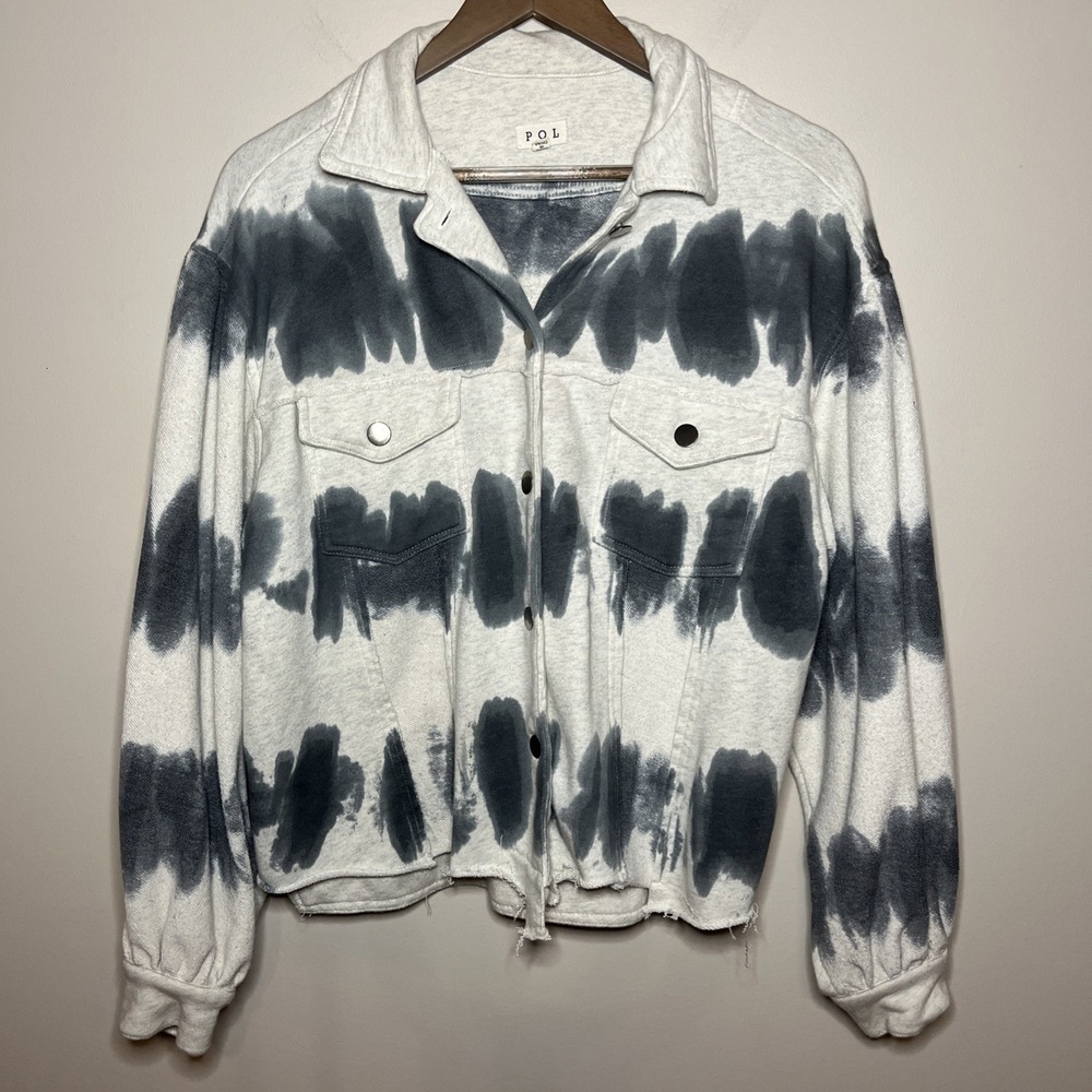 POL Tie Dye Sweatshirt Jacket Shacket Blue Gray‎ Raw Front Hem Size Small